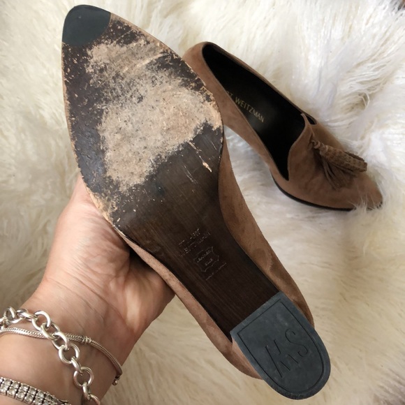 Stuart Weitzman Broom Brown Tassel Suede Block Heel Pumps - Picture 7 of 10